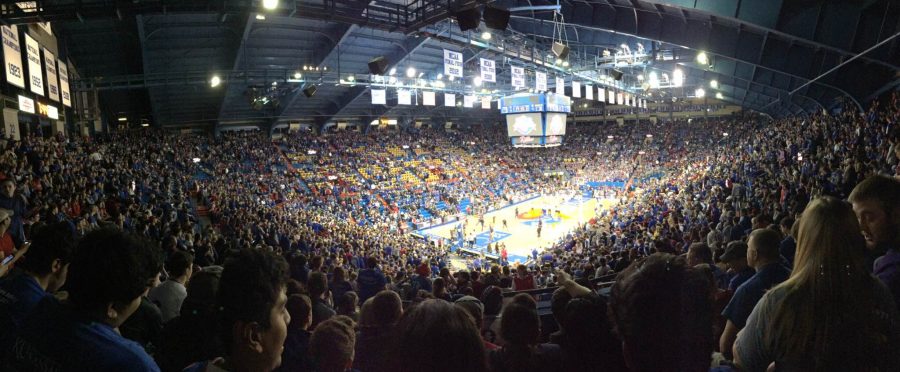 Shield 2014-2015 co-editor in chief Mary Stites, a KU freshman, attended  this Jayhawks home game at Phog Allen Fieldhouse. Photo by Mary Stites.