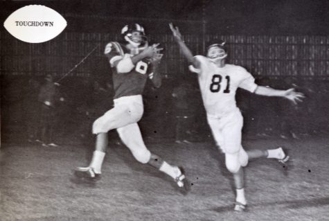 The 1966 McCallum-Austin game was a classic game with pivoted on a late first-half touchdown set up by this 25-yard pass from Steve Chrisman to Robert Morgan.  Photo from 1967 Knight.