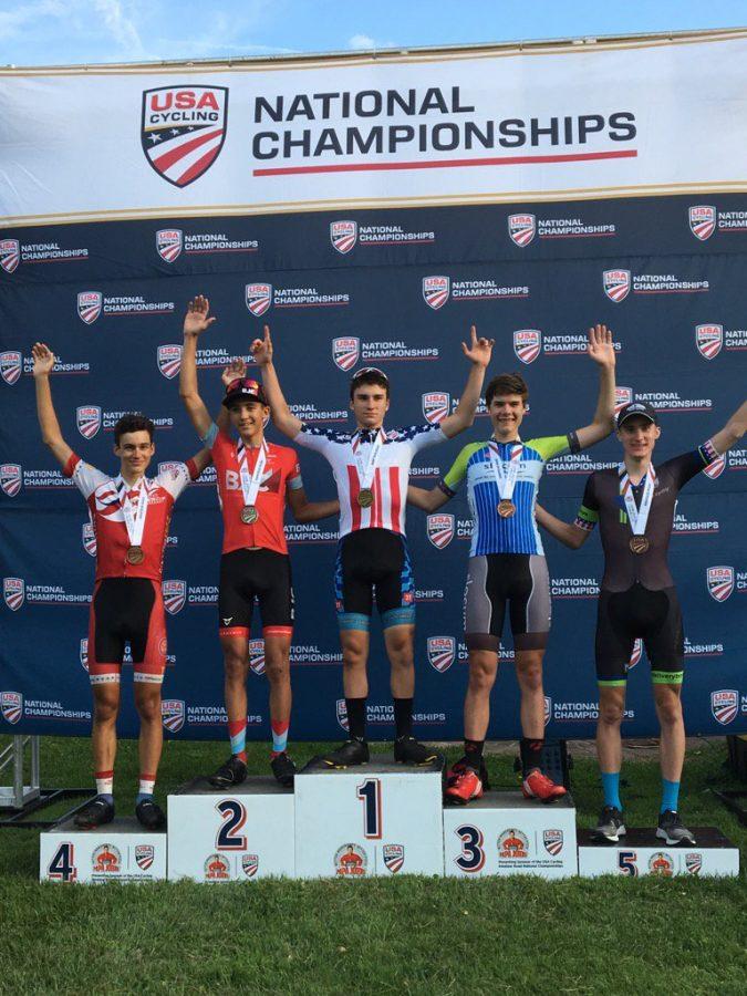Eli Husted stands on top of the podium after winning the 2017 Amateur Road National Championships last summer. Husted beat 68 other 15-16 year old boys to win his second straight title. [It was] a great relief, Husted said. I had won the year before too, and I just kind of wanted to defend the title.
