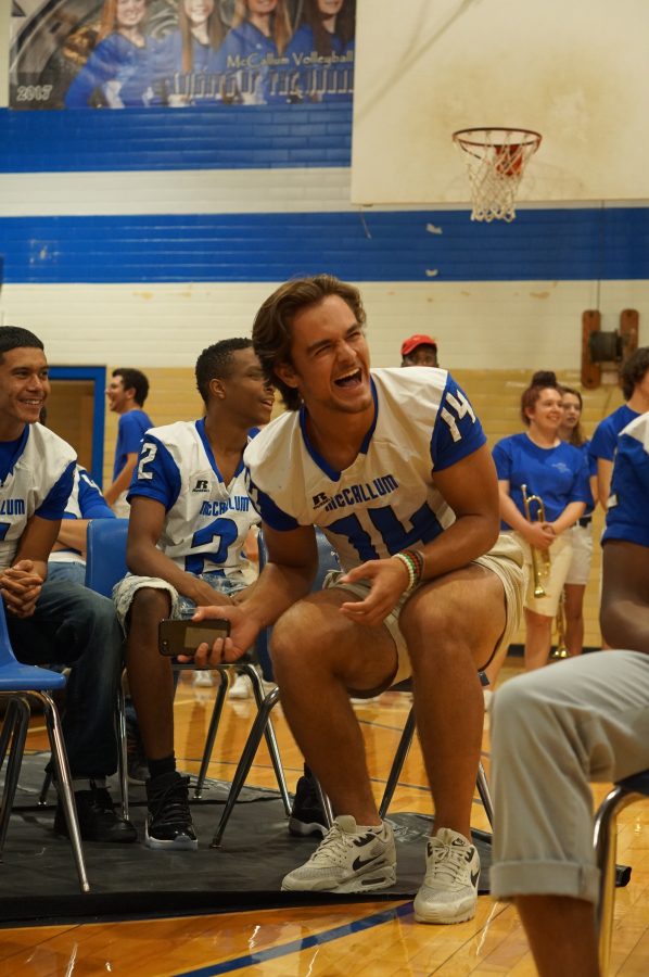 Perez screams with laughter as he witnesses his teammates being kissed by their moms on the Sept. 29 pep rally before the LBJ game. Photo by Dave Winter.
Left: Perez scored the second of three rushing touchdowns he scored against Crockett. Photo by Gregory James.
