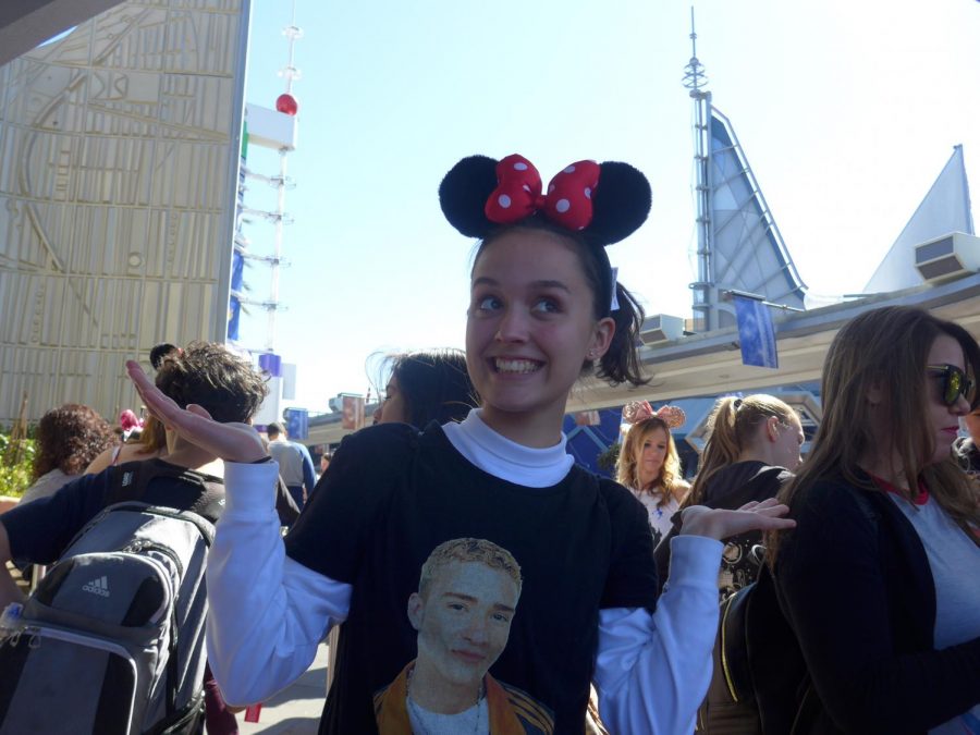 Sophomore Abby Green shows off her ears while waiting in line for rides at Disneyland. On Sunday, the final full day in California, students were given the choice to either go to the main Disneyland park or to California Adventure Park and enjoy food, music, and fun. Photo by Kristen Tibbetts