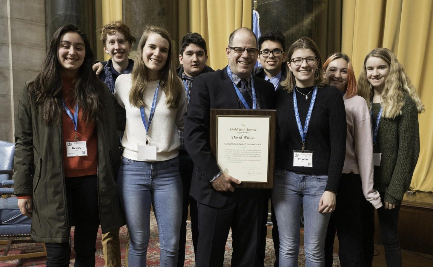 The McCallum delegation at the Columbia Scholastic Press Association pose for a pic after the adviser awards luncheon in the Low Library rotunda. Photo by Mark Murray.