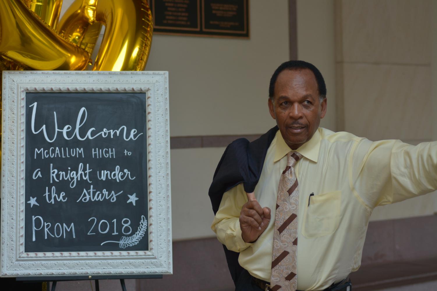 Assistant Principal James Wilson stands outside of the entrance to prom this year. “I think all in all as an administrator in all the years I worked, I see students all the time that remember who I am and I remember who they are and it gives me a good idea that I have made some impression on their lives,” Wilson said. Photo by Celeste Montes De Oca.