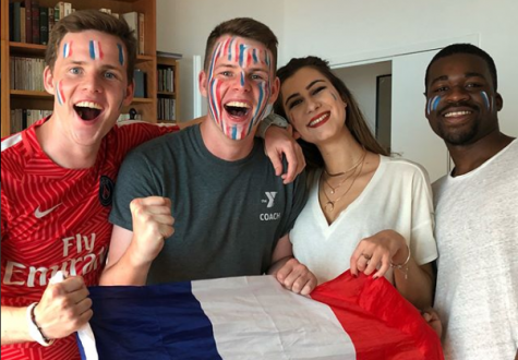 Frenchmen and former Knights Liam and Vincent McKenna (left) and their compatriots are fired up prior to the start of the World Cup final match, in which France defeated Croatia, 4-2, to win the World Cup for the first time since 1998. Photo courtesy of Liam McKenna.