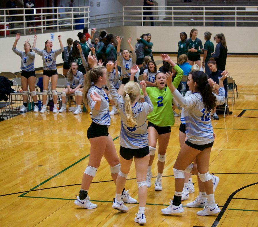 The team on the court and on the bench celebrate the team's 2-1 victory over Desoto, the team's fifth victory in a row and sixth in eight matches at the AISD Jason Landers Memorial tournament.