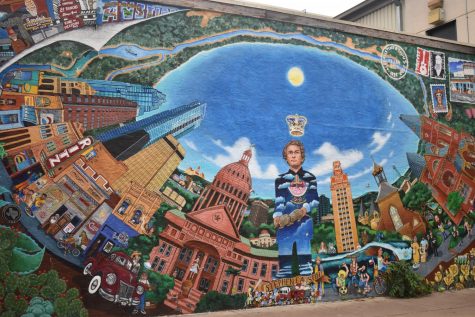 This 23rd Street Artist’s Market mural features everything Austin, from the Capitol to the Ritz, from Willie Nelson to Stephen F. Austin and armadillos. Photo by Olivia Watts