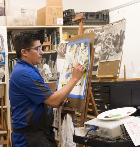 Mr. Martinez demonstrates acrylic painting techniques to his first-period Painting 1 students. The class contains students from Drawing II, Drawing III and Painting III spread throughout the room and hallway. “[This is] why we do stacked classes,” Martinez said. “So that students have choices about where they can go at different periods during the day.” Photo by Kristen Tibbetts.