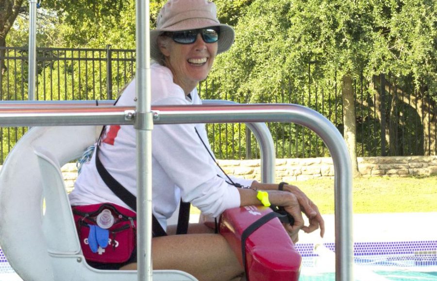 Leslie Botts watches over Bartholomew Pool. At 70, Botts is Austins oldest lifeguard and a former Mac teacher. Botts also lifeguards at Deep Eddy, Springwoods and Northwest pools. In addition to lifeguarding, she enjoys yoga, painting and photography.
