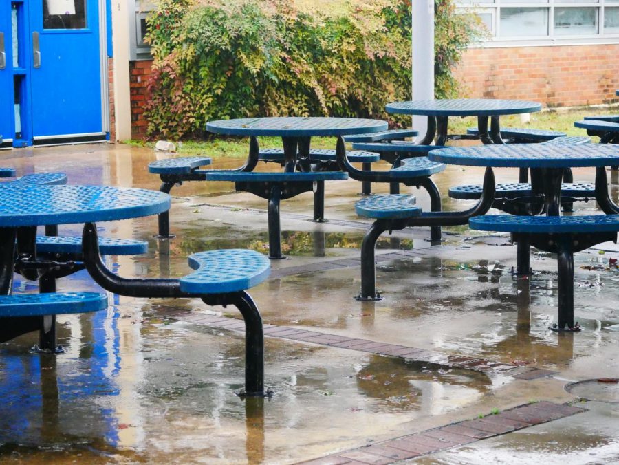 I chose to take a picture of these tables outside because students love to sit there during lunch and before school. I also thought that the rain was cool because it created interest with the reflections on the concrete. I used a wide depth of field to be able to show all of the tables and everything in the background. Panasonic DMC-GX85. f/4.2 49.0 mm 1/400 3200 Flash off (did not fire).