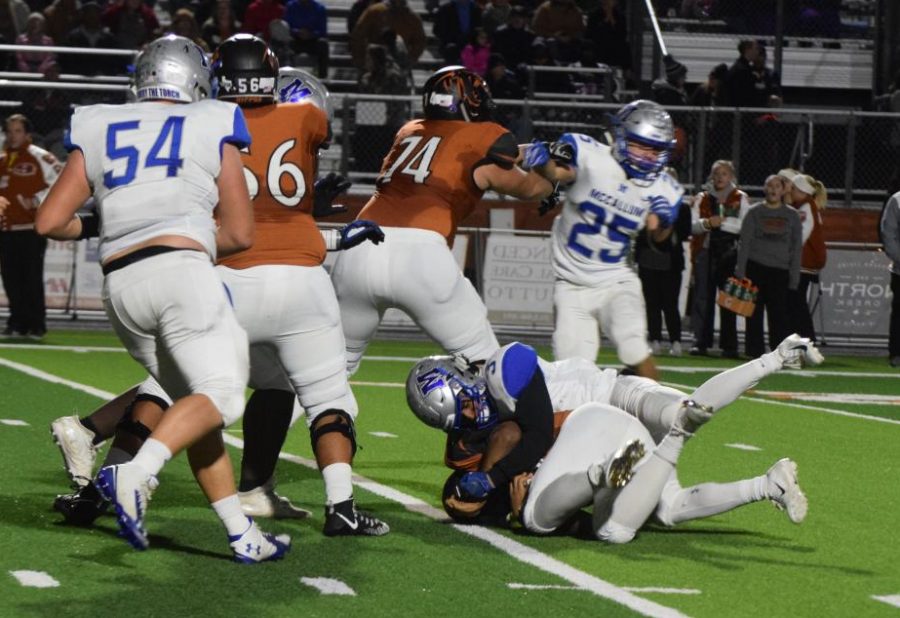 SACK ATTACK: Senior defensive Elijah Griffin sacks Hutto quarterback Chase Griffin during the Hippos 58-7 victory over McCallum in the first round of the 5A-D1 state playoffs at Hutto Memorial Stadium on Nov. 15.