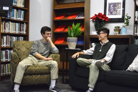 Sophomore film majors Ian Hackworth and Alex Martinez chat on the set of The Garden Show, the upstart AV talk show that aims to showcase McCallum’s student artists.