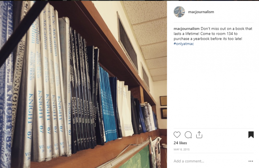 On May 6, 2015, the yearbook staff posted this picture of archived yearbooks to promote sales of surplus 2015 yearbooks. It was the first post on the @macjournalism page.