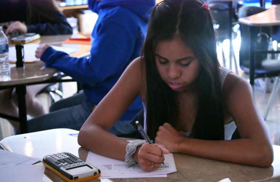 DEEP IN THOUGHT: Sophomore Abby Soto studies alone for her geometry final that is right around the corner. She takes the time in class that her teacher gave her. Photo by Selena de Jesus.