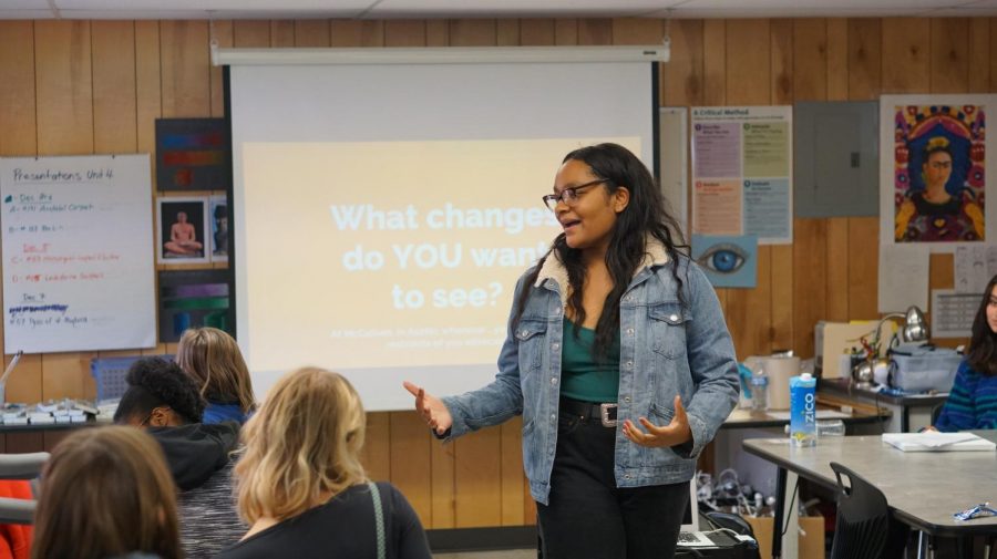 Junior Jordan Bibby presents at the first meeting of The Students of Color Alliance on Nov. 28 in Ms. OKeefes room.