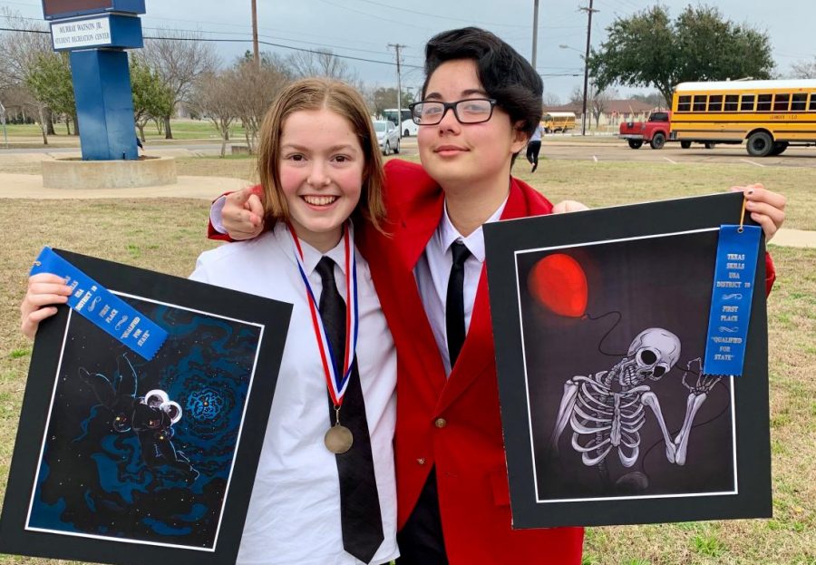 Freshmen Ruby Borden and Joey Miguel each won first place in the digital illustration competition at the SkillsUSA District 10  Skills and Leadership Competition in Waco last weekend.