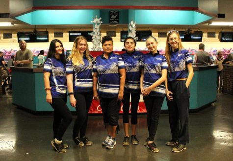In its first year of competition, the girls bowling team--Rose Dotson, Ivy Golyzniak, Coach Amy Shivers, Frances Arellano, Zoey Rucker and Lulu Elliott--is undefeated in district play  and has only lost one non-district match the entire season. Photo by Carolina Arellano.