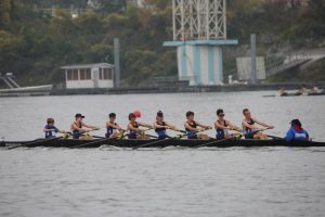 Carson Smith (front) strokes his Novice Eight boat to victory at Head of the Hooch in 2017. Carson was a senior at Anderson High School and a Varsity Rower at Texas Rowing Center before his death on January 27, 2019.  Photo by Falesha Thrash. 