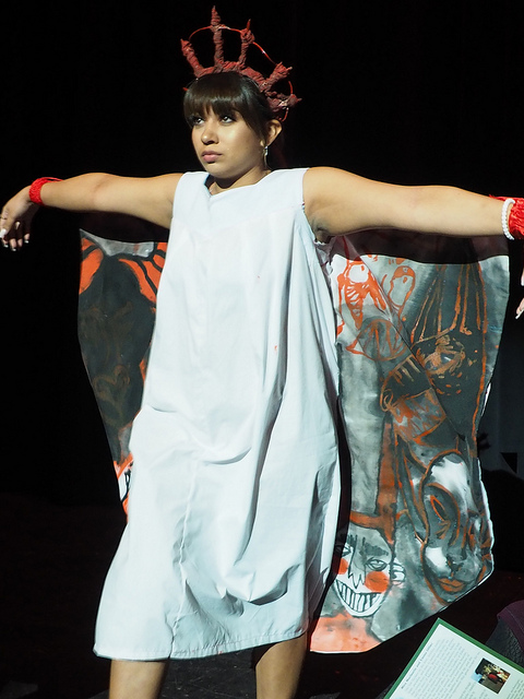 Alejandra Berrelleza models one of Sease’s devil-inspired designs during the Jan. 12 fashion show, Paradigm, in the MAC.