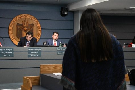 An AISD teacher speaks to the Board of Trustees on the importance of maintaining teacher-planning periods during the development of the 2019 budget.