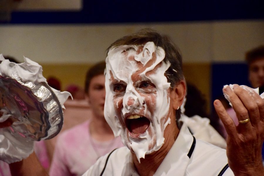 Garrison went without goggles at this years Pink Week pep rally despite years or prior advance preparation before this years pie time. Photo by Gregory James.
