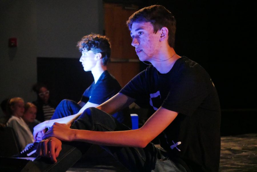During the student-directed production of “My Mother*%^#ing College Life” on April 1 in the Fine Arts Building Theater, junior Edward Fotinos and sophomore Aydan Howison sit silently onstage while sophomore Dashel Beckett delivers a monologue behind them.  Photos by Stella Shenkman.