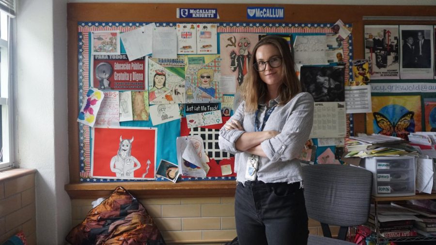 Lucy Griswold poses in her classroom, where she teaches ethnic studies and world geography.  Photo by Bella Russo.
