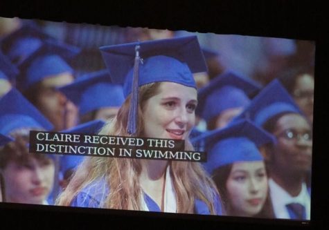 At McCallums commencement ceremony on May 29, AISD Superitendent Paul Cruz recognized graduate Claire Rudy for her outstanding high school swim career.