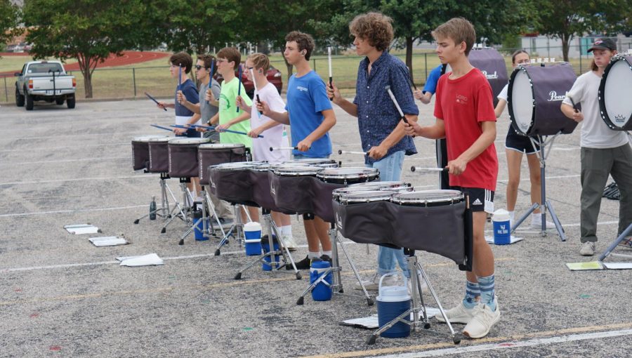 The+drum+line+rehearsed+with+the+rest+of+the+percussion+section+for+the+upcoming+Dripping+Springs+Percussion+contest+on+Sept.+21.