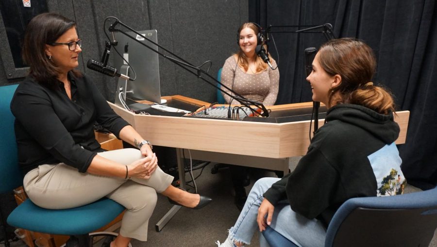 Interim principal Brandi Hosack shared with seniors Stella Shenkman and JK Smith that relationship-building is the key to making a campus work and also the prime reason behind the new cell phone policy and the flexible instruction time initiative. 