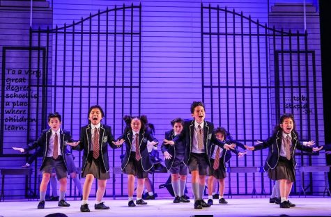 REVOLTING CHILDREN: At the end of the musical Matilda, the school children “revolt” against the evil rule of their headmistress, Miss Trunchbull. This results in a large. extravegant dance number, which Uehara states was definetly one of her favorite to choreograph. Uehara said that the young dancers expressed a joy of learning that was wonderful for her to witness. Photo by Brad Mondo.