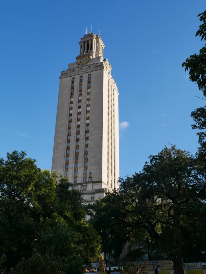 The view of the UT tower from the famous turtle pond.