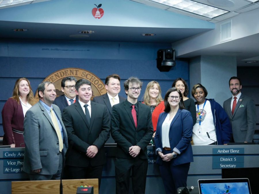 On the same night that she shed the interim tag to become McCallum’s permanent principal, Brandi Hosack joins drum majors Jonah Brown and Dexter Canning and associate superintendent of high schools Dr. Craig Shapiro as the board recognizes the @mccallumband for being the only Austin ISD band to qualify for the UIL State Marching Championships.