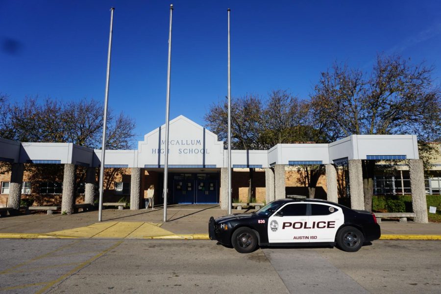 ALWAYS VIGILANT: Austin ISD Police car remaining on guard outside of McCallum. Although this car is mainly for show, police presence at McCallum is not. Photo by Tomas Marrero.
