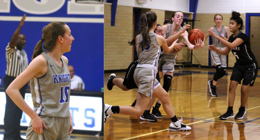 Left: Georgia Harrington readies to shoot a free throw during the girls varsity basketball win over the Eastside Memorial Panthers. Photo by Sophia Dawson. Right: LEFT: Harrington and a teammate fight for a loose ball against the Panthers. Photo by Grace Nugent. 