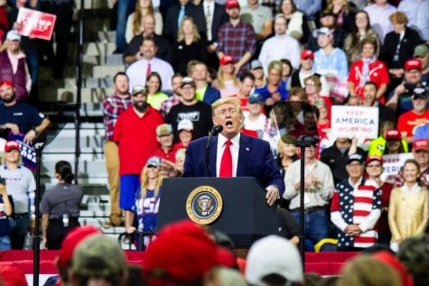 President Donald Trump addresses the crowd at Target Center in Minneapolis, MN, for his 2020 presidential campaign rally on October 10, 2019. Photo by Nikolas Liepins.