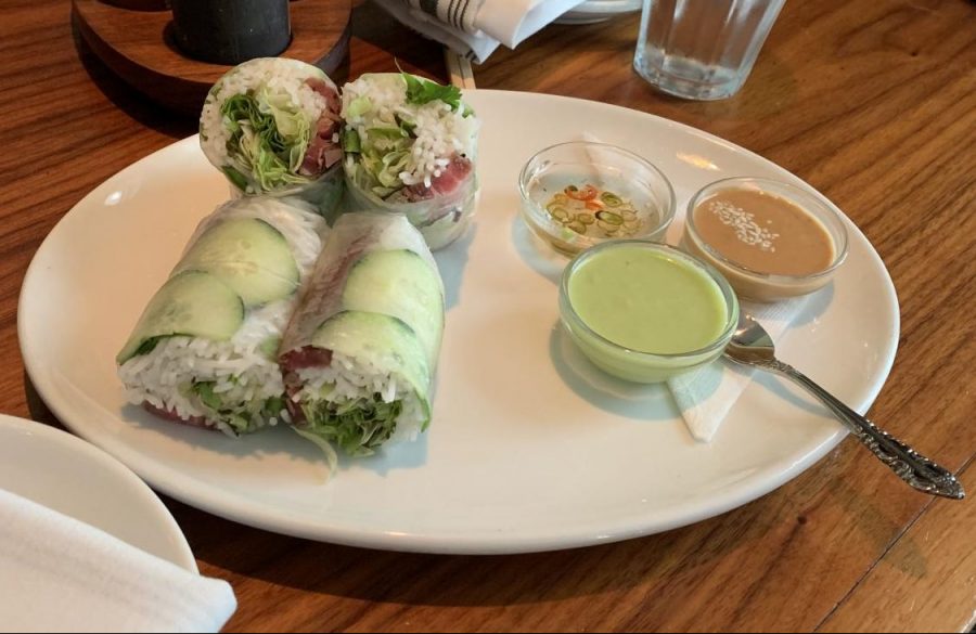 The rice paper and vermicelli spring rolls served with sweet chili vinegar, ginger-jalapeño and peanut sauces. Photo courtesy of Steele Bradford.