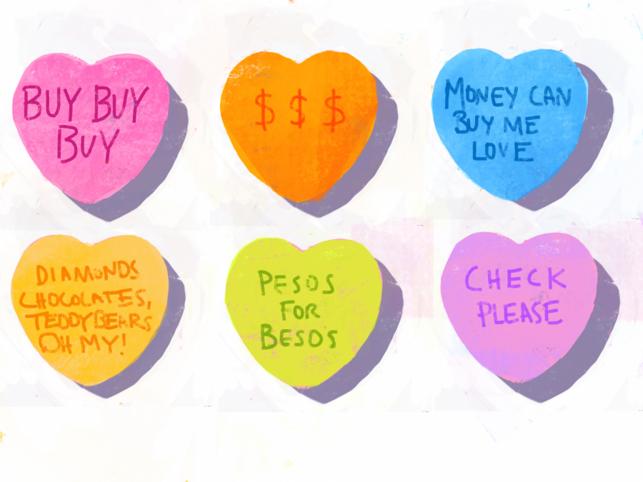 The expectation of spending big bucks on Valentines Day emerged in the 1980s when the holiday took on its current capitalist form. Advertisements began pushing the idea of buying jewelry, chocolates and other presents for your valentine. Cartoon by Bella Russo