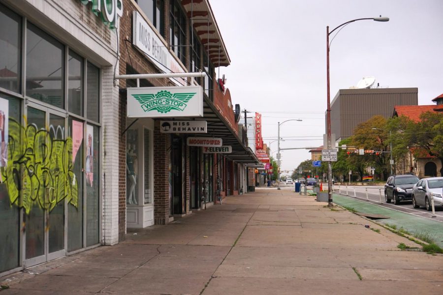 In pre-COVID-19 times, the Drag just west of campus would have been teeming with UT students returning from spring break, but on the Sunday that would have brought the regularly scheduled spring break to a close, the street was shut down and devoid of traffic. Photo by Elisha Scott.