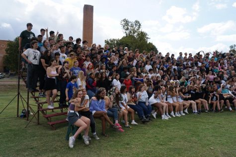 Members of the Class of 2020 strike poses for a silly picture moments after the senior panoramic picture was taken last October.