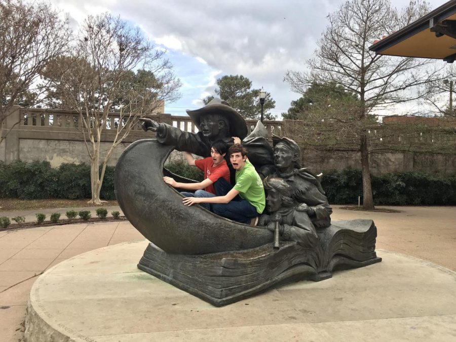 On this trip my two accomplices were Jeremiah Zoric (left) and Seth Wittenbrook (right). They are pictured here enjoying one of the many statues at Everman Park in Abilene Texas. Photo by Max Rhodes