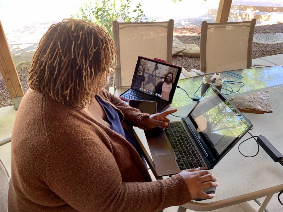 WORK FROM HOME: My mom is a contractor for DFPS (Department of Family Protective Services) and is still able to work from home. Before everyone was on lock down we went to Arizona for our spring break. Were staying with my Aunt and she has a beautiful backyard. My mom chooses to sit outside by the pool and work than to stay inside, and she always has a picture of me. Photo by Regan Sims.