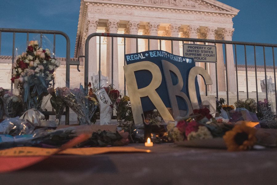 A tribute to Ruth Bader Ginsburg placed in front of the Supreme Court during one of the many vigils held around the country. Photo by Yash Mori. Accessed on yashmori Flickr account. Republished with permission.