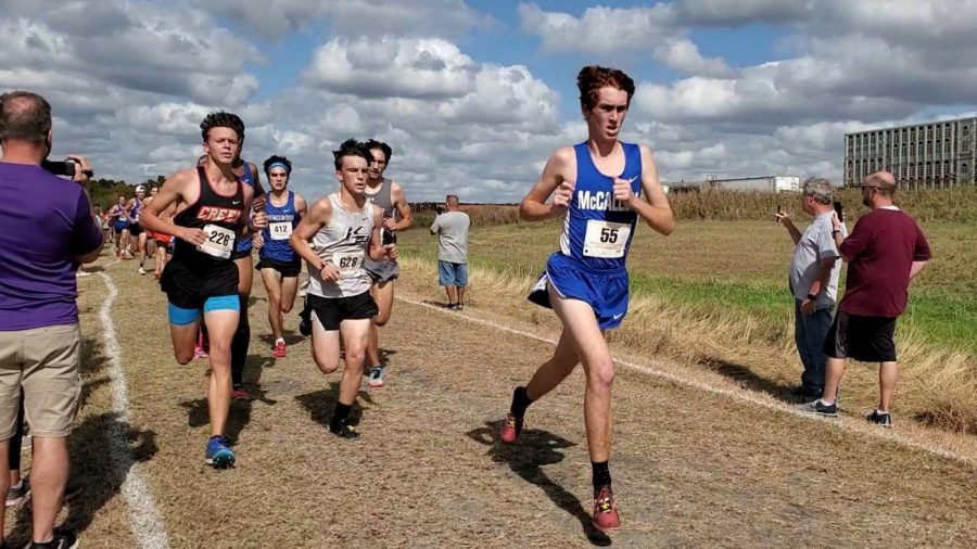 With a ninth-place finish in 16:28, junior Chris Riley earned a return trip to the state cross-county meet, and unlike last year, he is healthy heading into the race. Photo by Caleb Gomez.