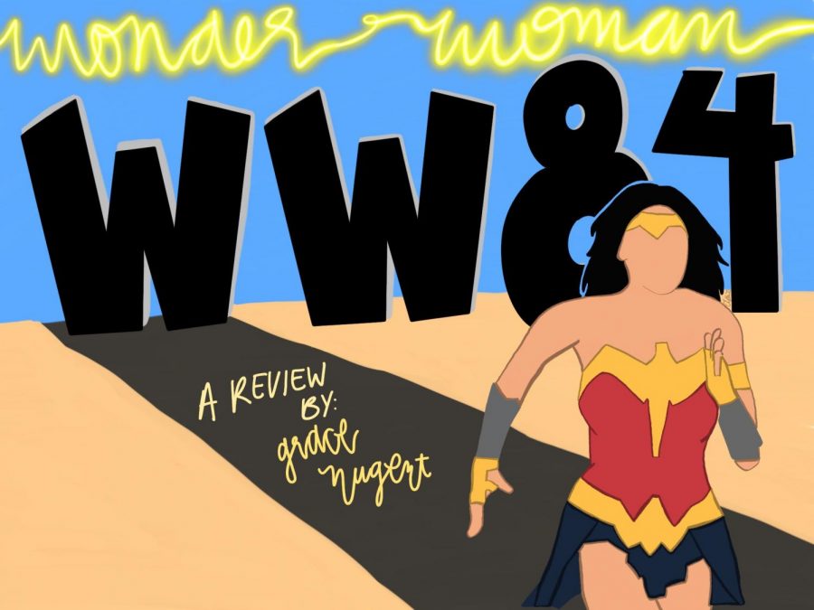 With+high+expectations+and+mediocre+to+dismal+results+Gal+Gadot+and+Chris+Pines+chemistry+is+the+only+shining+star+in+the+colorful+mess+that+is++Wonder+Woman+1984.+Graphic+by+Anna+McClellan.