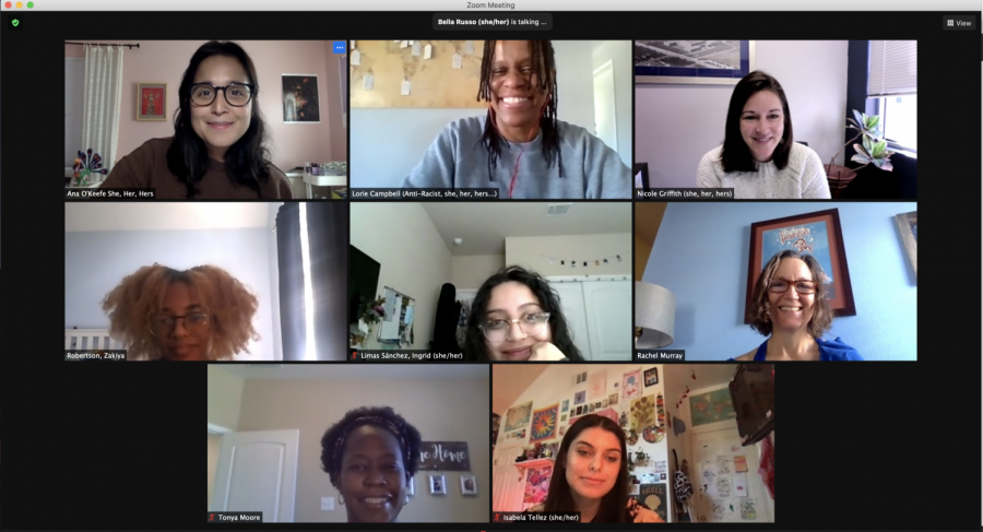 The students and teachers of the Students of Color Alliance meet with Nicole Griffith over Zoom to share ideas about fostering dialogue between students and staff. 