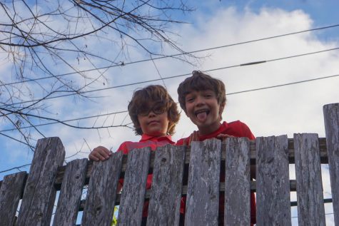 Jackson and Nate Baugh smile and act silly from their backyard playground after school — keeping recess going even after hours.