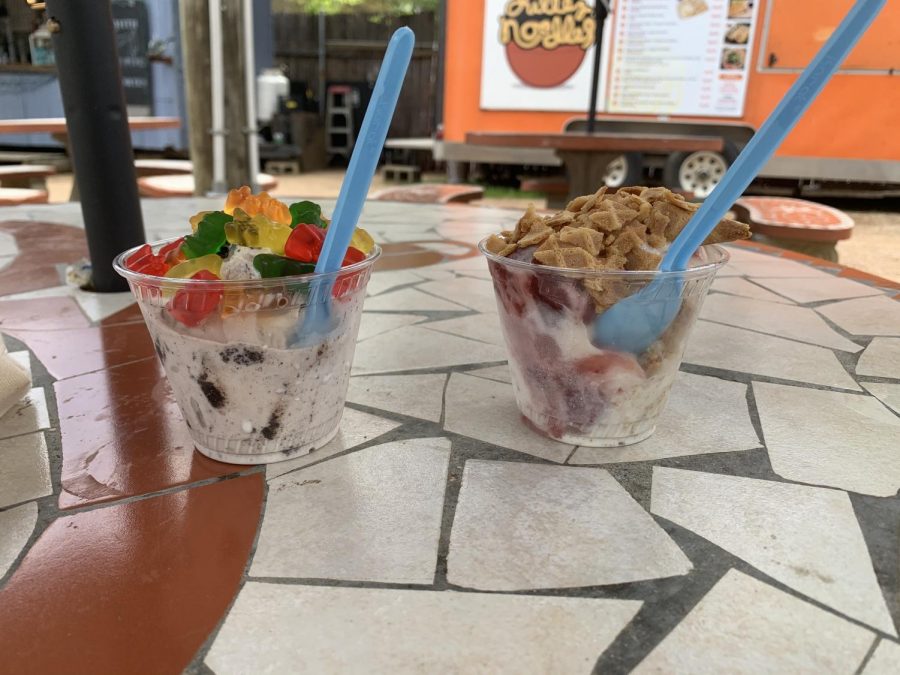 The Cold Cookie Company food truck, open seven days a week offers ice cream, toppings and joy in an outdoor venue.  We found the Oreo cookies and cream (left) far superior to the strawberry cheesecake flavor (right).