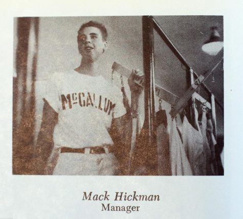 This image from Hickmans junior year, 1956-1957, Hickman poses for the camera in his role as a baseball team manager.