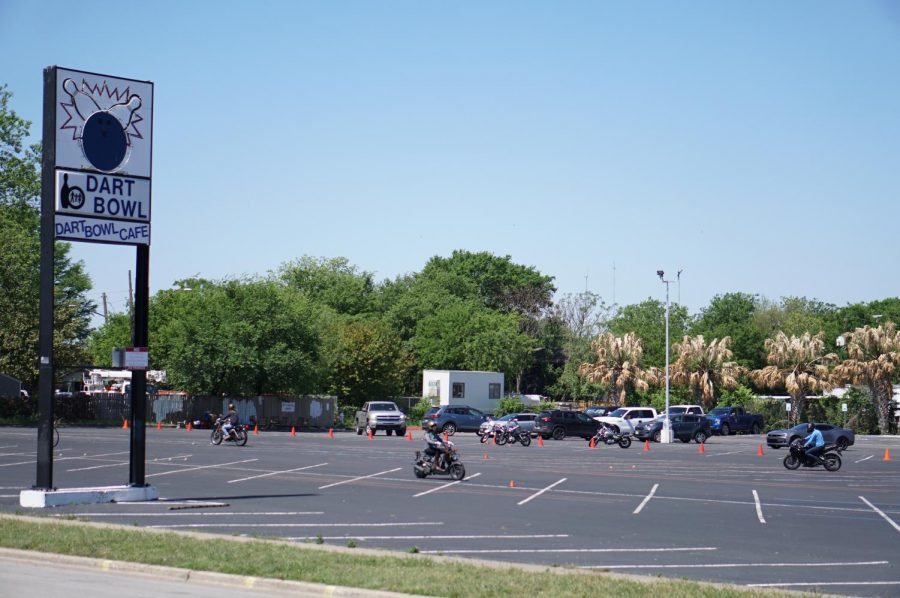 The parking lot in front of the former Dart Bowl remains on Grover Avenue behind McCallum and is frequently used as a practice location for groups of motorcyclists.