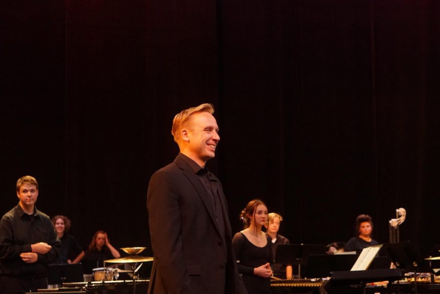 Ehlers smiles at the conclusion of the December 2019 send-off concert for the Midwest Clinic in Chicago, which the percussion section would attend later that month.